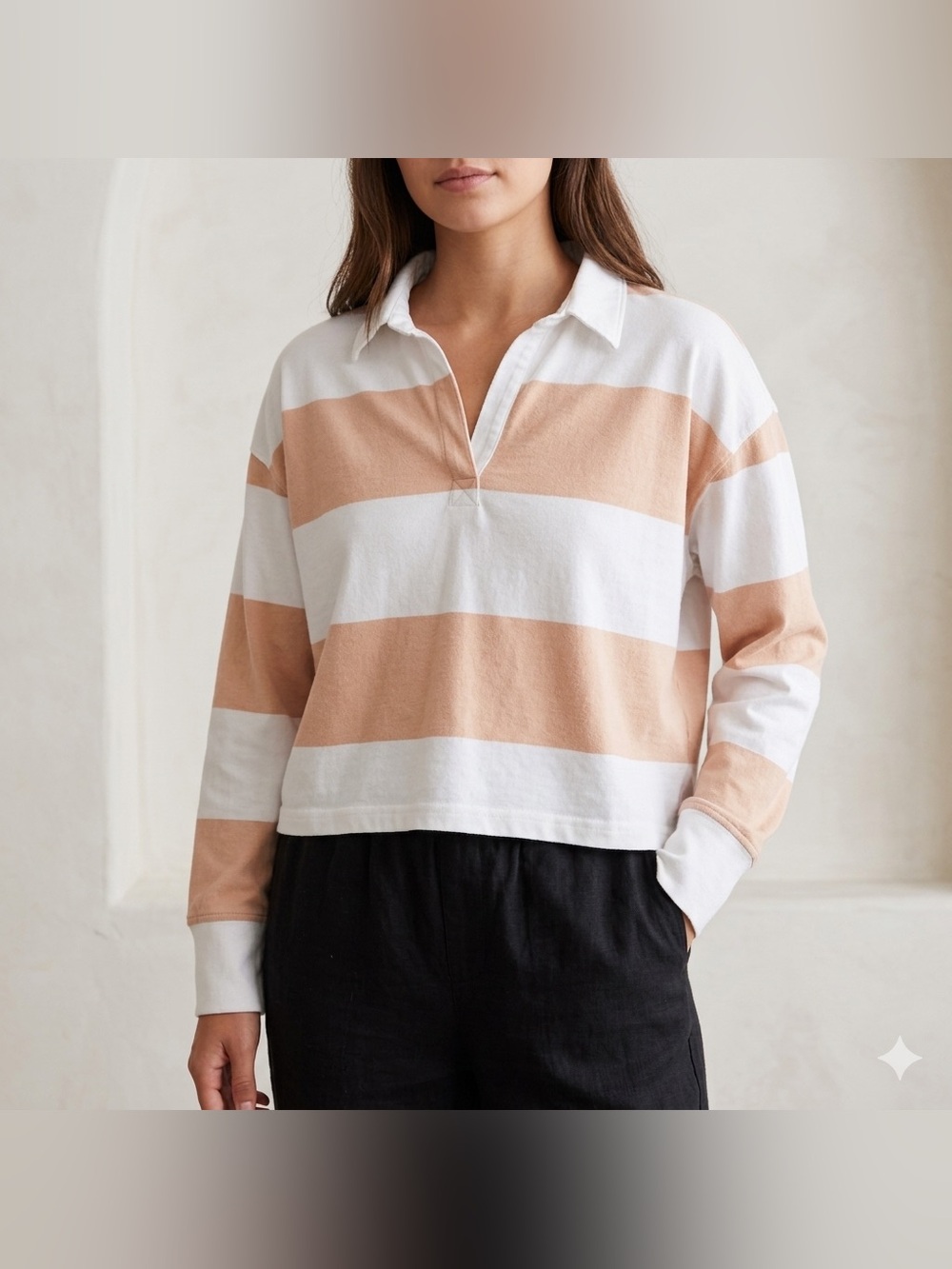 Aerie Women’s XS Cropped Rugby Shirt Tan & White Striped Long Sleeve